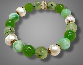Inner Peace Gemstone Bracelet- Jade, Pearls, Angelite, Prehnite Stretch Bracelet, Calming, Heart Healing, Abundance