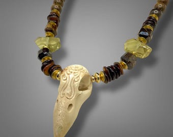 Raven Skull Necklace, Hand Carved Deer Antler- Citrine, Bronzite Crystal Necklace, Boho Tribal Jewelry