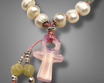 Egytian Ankh Mala Bracelet, Morganite ,Pearls Hand Knotted Wrist Mala, Love, Compassion, Protection