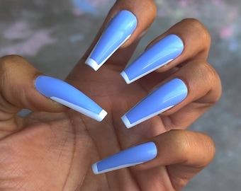 photo Acrylic Nails Coffin White And Blue outlined nails etsy