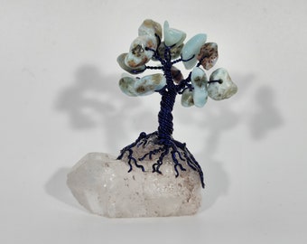 Larimar Crystal tree with Clear Quartz Base, Handmade Gemstone Tree, Super Mini Tree of Life,  Extra Small Crystal Tree
