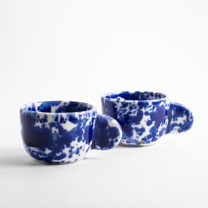 Ceramic espresso cup with saucer, Blue splatter coffee cup, Espresso tumbler, Handmade Handle mug, Coffee lover Gift