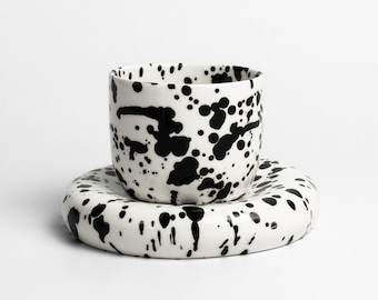 Chunky ceramic coffee set, Chubby black & white ceramic cup with saucer, Dalmatian splatter mug, Black splashes ceramics, Handmade mug