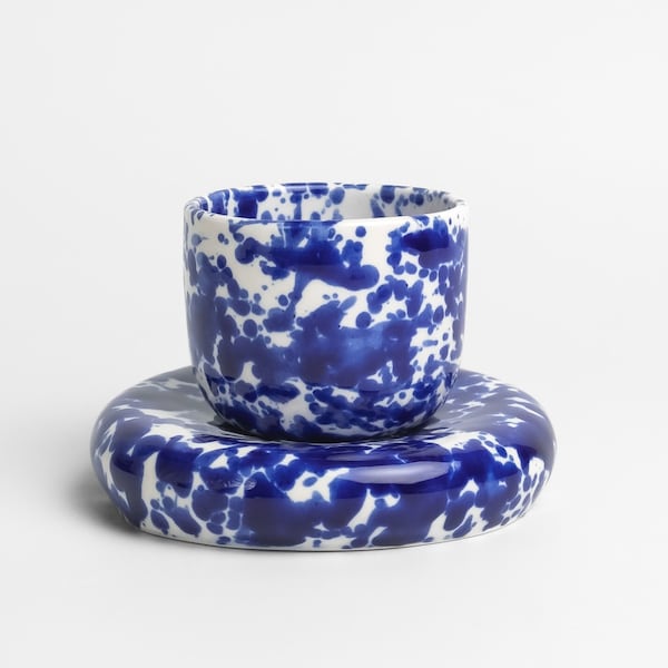Chunky ceramic coffee cup, Chubby cobalt blue ceramic cup with saucer, Indygo splatter mug, Cobalt splashes ceramics, Handmade mug
