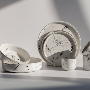 CERAMIC DINNERWARE SET-Black white tableware-Black spots modern dinnerware set-Dalmatian Dinnerware-Dinning Set-Modern-Ink splatter dishes