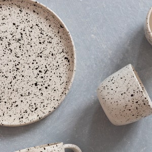 Black and white ceramic plates, Modern dinnerware, White plates with black spots, Stoneware ink splatter plates, Handmade plates
