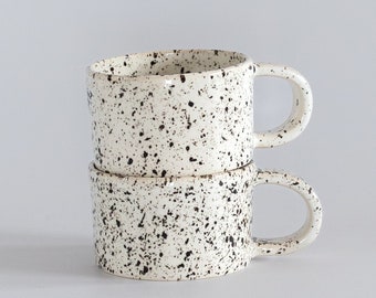 Black and white handmade coffee mugs, Modern stoneware tumbler with handle, Black dots coffee cup, White mug with black ink splatters