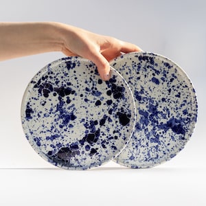 Handmade ceramic dinnerware with cobalt splashes, White plate with blue spots, Stoneware ceramic plates set, Dessert plate, Decorative plate