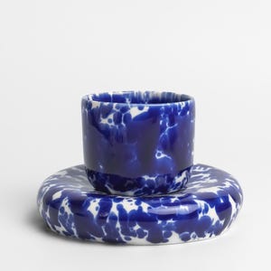 Chunky ceramic coffee cup, Chubby cobalt blue ceramic cup with saucer, Blue splatter mug, Cobalt splashes ceramics, Handmade mug