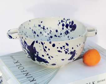 Ceramic colander with cobalt splashes, white berry bowl with indigo blue, handmade pottery strainer, white & cobalt stoneware berry bowl