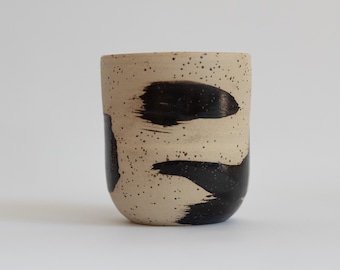 Stoneware ceramic coffee tumbler, Ceramic cup, Cappuccino cup, No handle mug, Black handpainted pattern, Nordic Style handleless mug