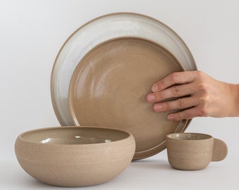 Ceramic Dinnerware set for 1, 2, 4, 6, 8, 10, Minimal Stoneware Light Brown Dinning set, Natural Earthy Dinnerware, Nordic Organic Plates
