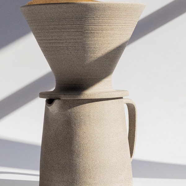 Minimalist pour over coffee set, Grey stoneware ceramic coffee dripper + jug, Handmade ceramics coffee server + dripper V60, Dripper set