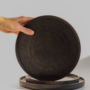 CERAMIC PLATES SET-Minimal Plates With Rim-Black Matte Dishes-Natural Unglazed Dinnerware-Black Stoneware Plate Set-Modern Kitchenware image 2