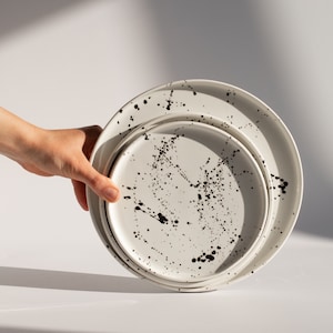 Black & white modern ceramic plates set, Ink splatter white dinnerware, Back spots Stoneware plate, Decorative plates, Black splashes dishes