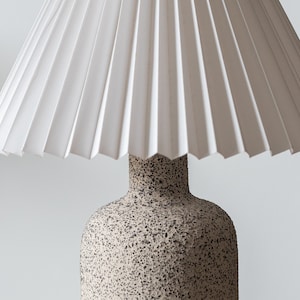 Minimalist ceramic table lamp, pleated white lampshade and grey raw matt ceramic base, minimal home decor image 1