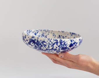 Ceramic Bowl, Porcelain Pasta Bowl, Modern Dinnerware, Blue Splattered Ceramic Bowl, Shallow Breakfast Bowl in Blue and White, Salad Bowl