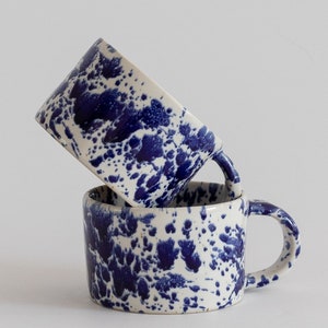 Ceramic mug with cobalt splashes, White modern ceramic cup, Stoneware ceramic tumbler with handle, coffee mug blue splatters image 5