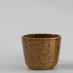 Modern ceramic coffee cup, Honeycomb Minimal stoneware ceramic tumbler, Mustard brown cappuccino cup, No handle latte mug, Nordic Style with darker dots