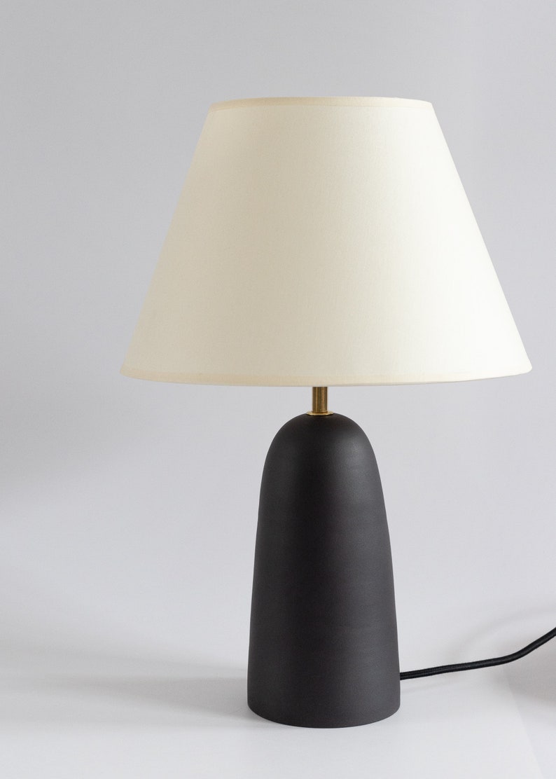 Black ceramic table lamp with smooth ecru fabric lampshade, minimal matt ceramic base, japandi interior design, bedside lamp, home decor image 10