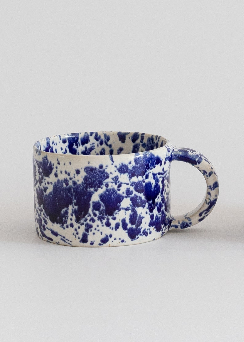 Ceramic mug with cobalt splashes, White modern ceramic cup, Stoneware ceramic tumbler with handle, coffee mug blue splatters image 2