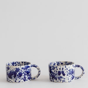 Ceramic mug with cobalt splashes, White modern ceramic cup, Stoneware ceramic tumbler with handle, coffee mug blue splatters image 3