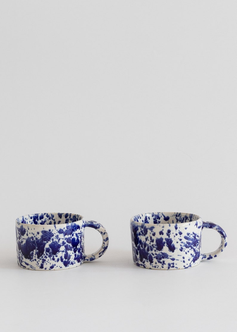 Ceramic mug with cobalt splashes, White modern ceramic cup, Stoneware ceramic tumbler with handle, coffee mug blue splatters image 3