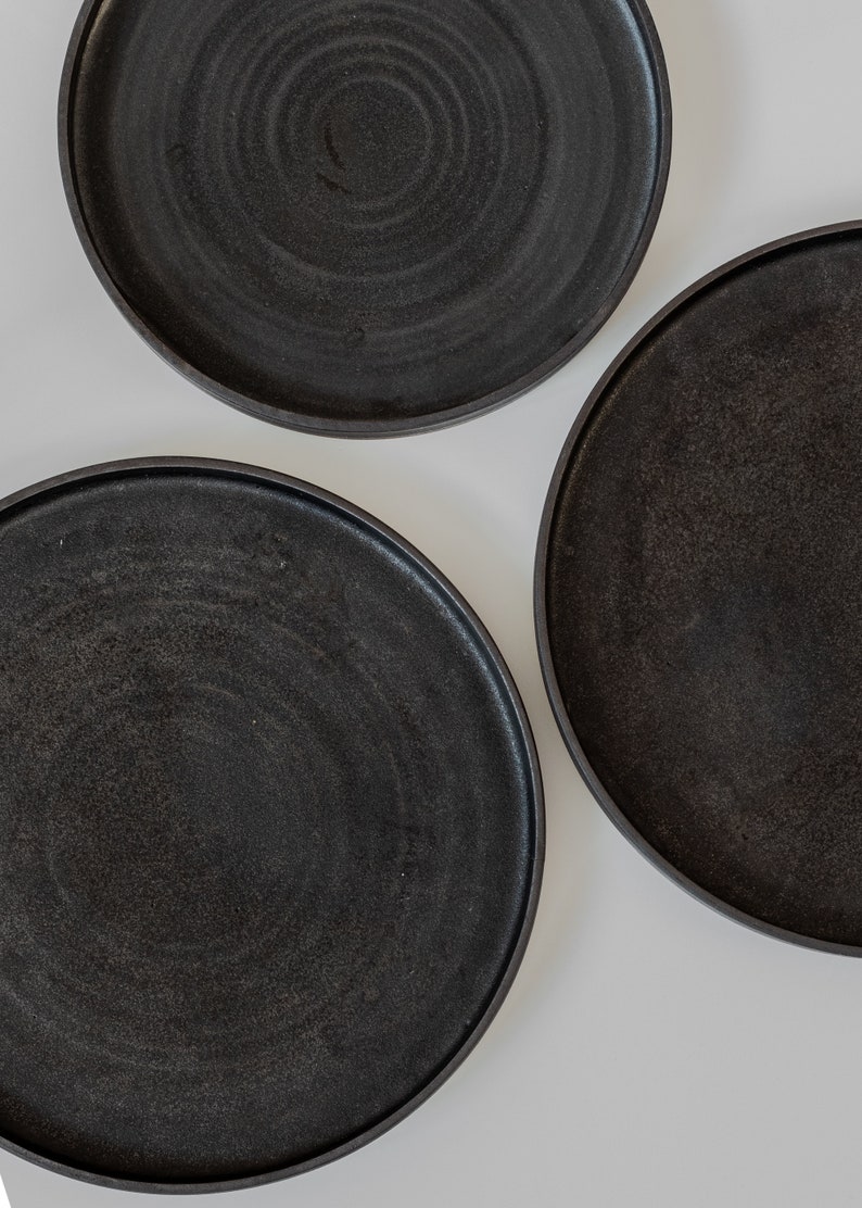 CERAMIC PLATES SET-Minimal Plates With Rim-Black Matte Dishes-Natural Unglazed Dinnerware-Black Stoneware Plate Set-Modern Kitchenware image 7