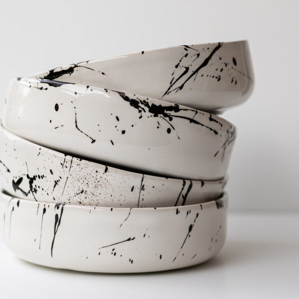 Black and white ceramic bowl, modern stoneware ceramic dinnerware, ink splattered pasta bowl or shallow breakfast bowl in black and white