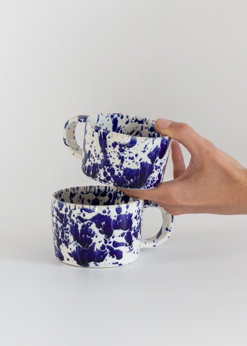 Ceramic mug with cobalt splashes, White modern ceramic cup, Stoneware ceramic tumbler with handle, coffee mug blue splatters image 1