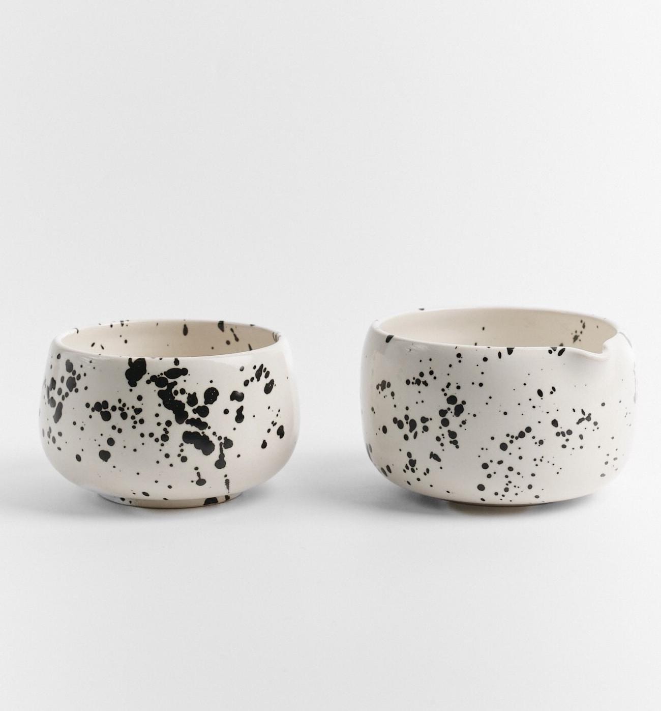 Black & White Matcha Bowl, Ceramic Black Splatter Matcha Set