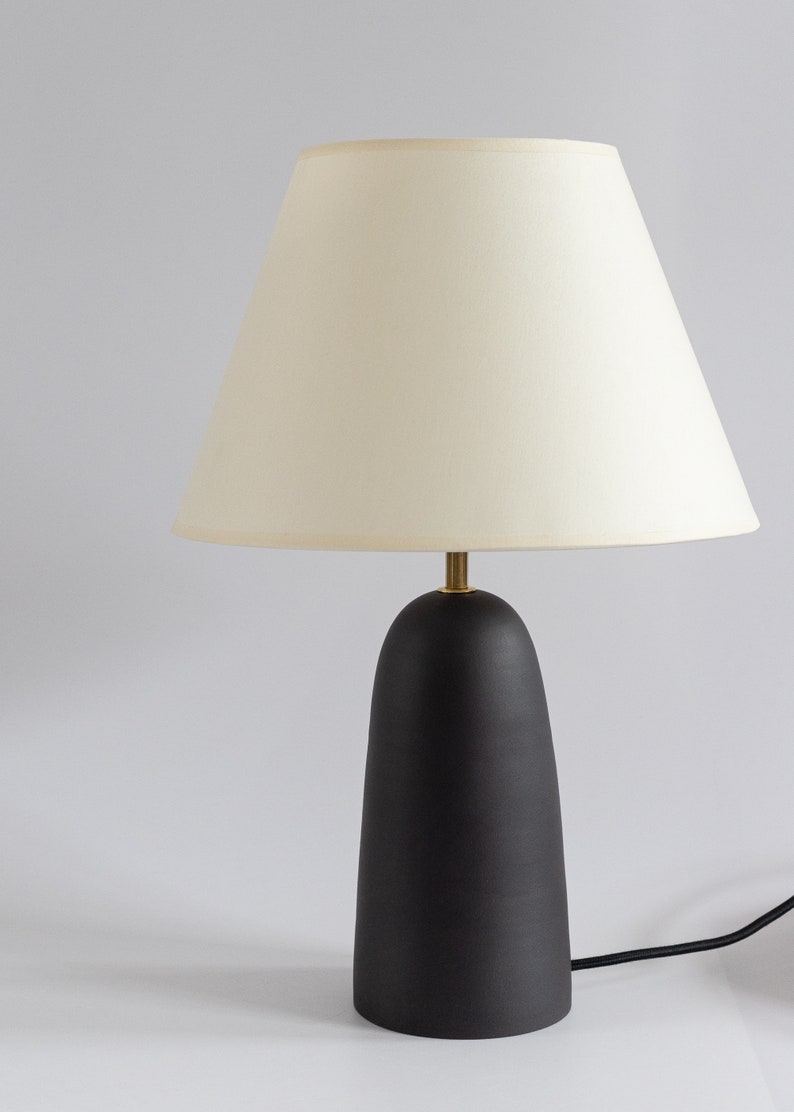 Black ceramic table lamp with smooth ecru fabric lampshade, minimal matt ceramic base, japandi interior design, bedside lamp, home decor image 6