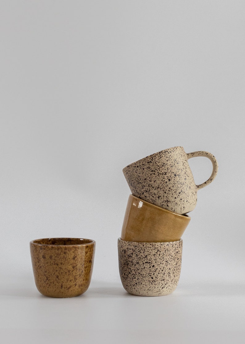 Modern ceramic coffee cup, Honeycomb Minimal stoneware ceramic tumbler, Mustard brown cappuccino cup, No handle latte mug, Nordic Style image 4