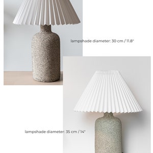 Minimalist ceramic table lamp, pleated white lampshade and grey raw matt ceramic base, minimal home decor image 6