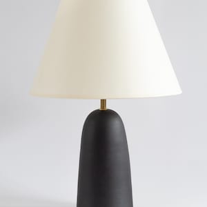 Black ceramic table lamp with smooth ecru fabric lampshade, minimal matt ceramic base, japandi interior design, bedside lamp, home decor