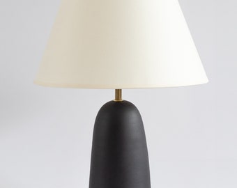 Black ceramic table lamp with smooth ecru fabric lampshade, minimal matt ceramic base, japandi interior design, bedside lamp, home decor