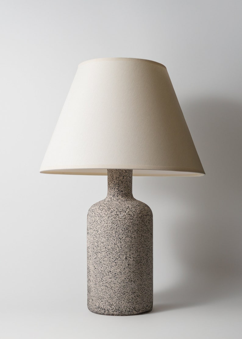 IN STOCK Minimalist ceramic table lamp, smooth ecru lampshade and grey raw matt ceramic base, japandi interior design image 1