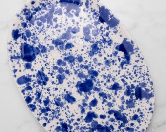 Bandeja ovalada larga de cerámica para servir, bandeja grande de cerámica hecha a mano, plato alargado moderno de porcelana con salpicaduras azules