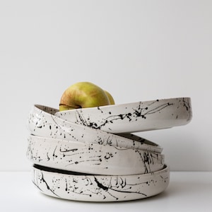 IN STOCK Set of 2 black and white ceramic bowl, modern stoneware ceramic dinnerware, ink splattered pasta bowl in black and white image 4