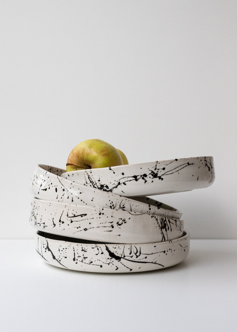 IN STOCK Set of 2 black and white ceramic bowl, modern stoneware ceramic dinnerware, ink splattered pasta bowl in black and white image 4