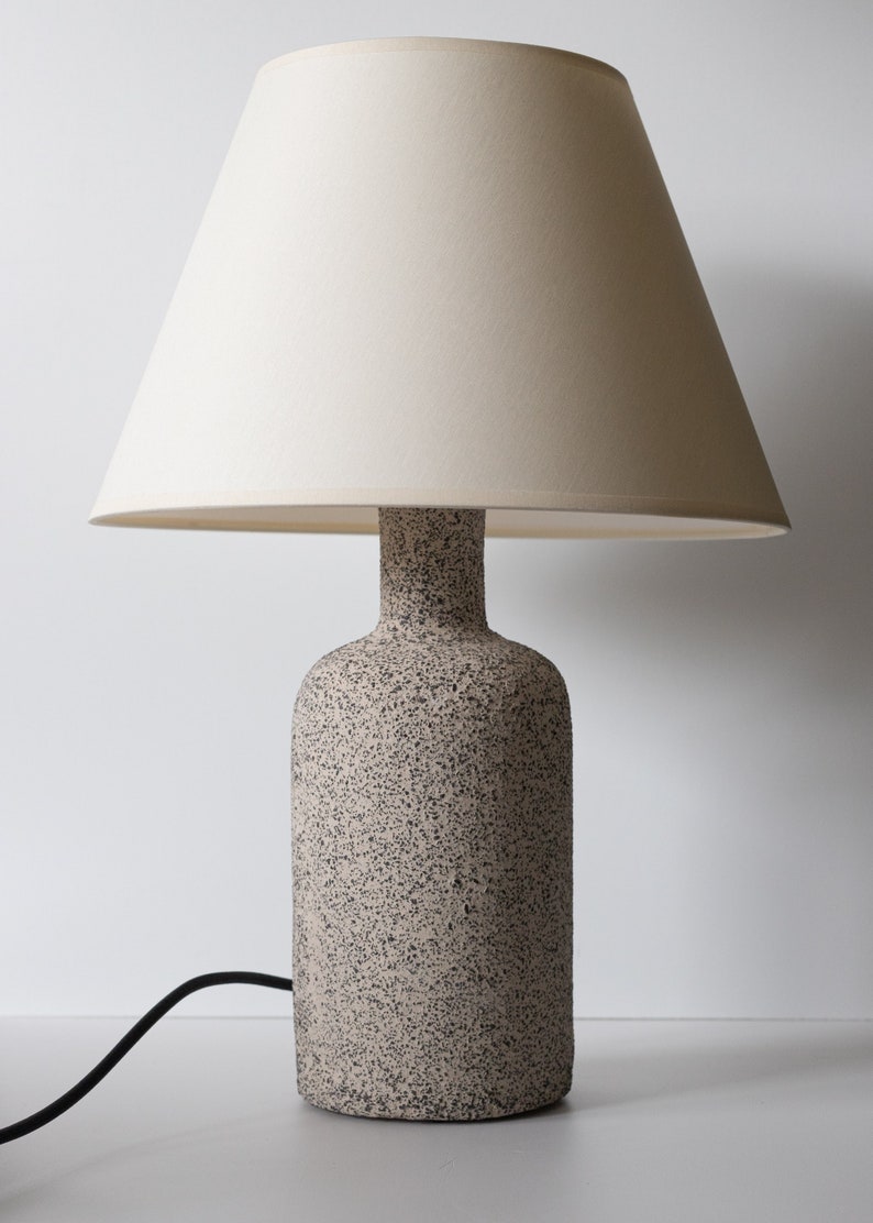 IN STOCK Minimalist ceramic table lamp, smooth ecru lampshade and grey raw matt ceramic base, japandi interior design image 2
