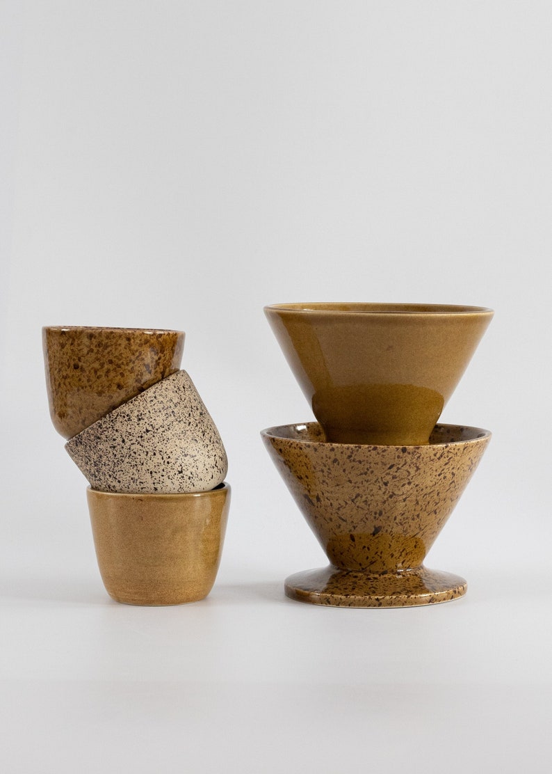 Modern ceramic coffee cup, Honeycomb Minimal stoneware ceramic tumbler, Mustard brown cappuccino cup, No handle latte mug, Nordic Style image 2