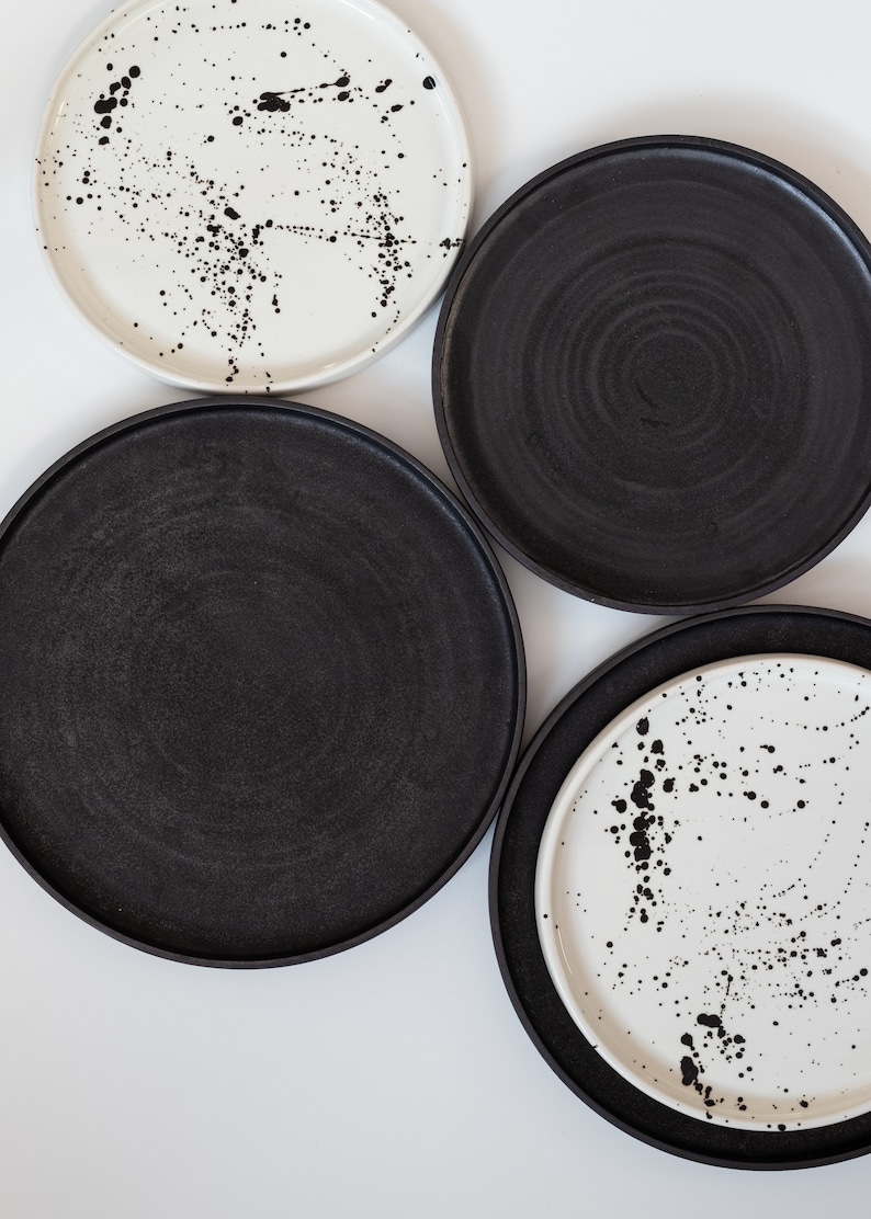 CERAMIC PLATES SET-Minimal Plates With Rim-Black Matte Dishes-Natural Unglazed Dinnerware-Black Stoneware Plate Set-Modern Kitchenware image 3