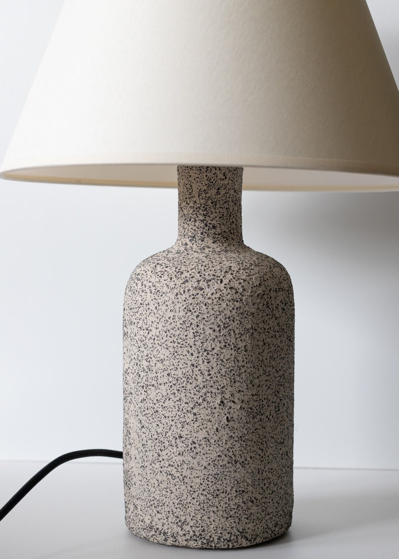 IN STOCK Minimalist ceramic table lamp, smooth ecru lampshade and grey raw matt ceramic base, japandi interior design image 3