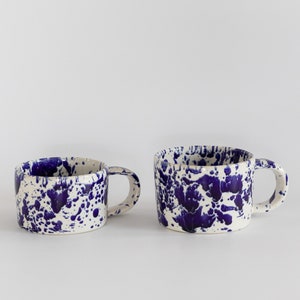 Ceramic mug with cobalt splashes, White modern ceramic cup, Stoneware ceramic tumbler with handle, coffee mug blue splatters image 4