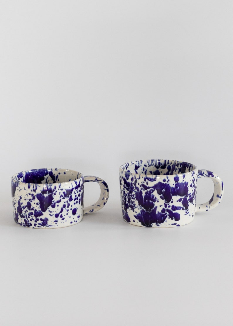 Ceramic mug with cobalt splashes, White modern ceramic cup, Stoneware ceramic tumbler with handle, coffee mug blue splatters image 4