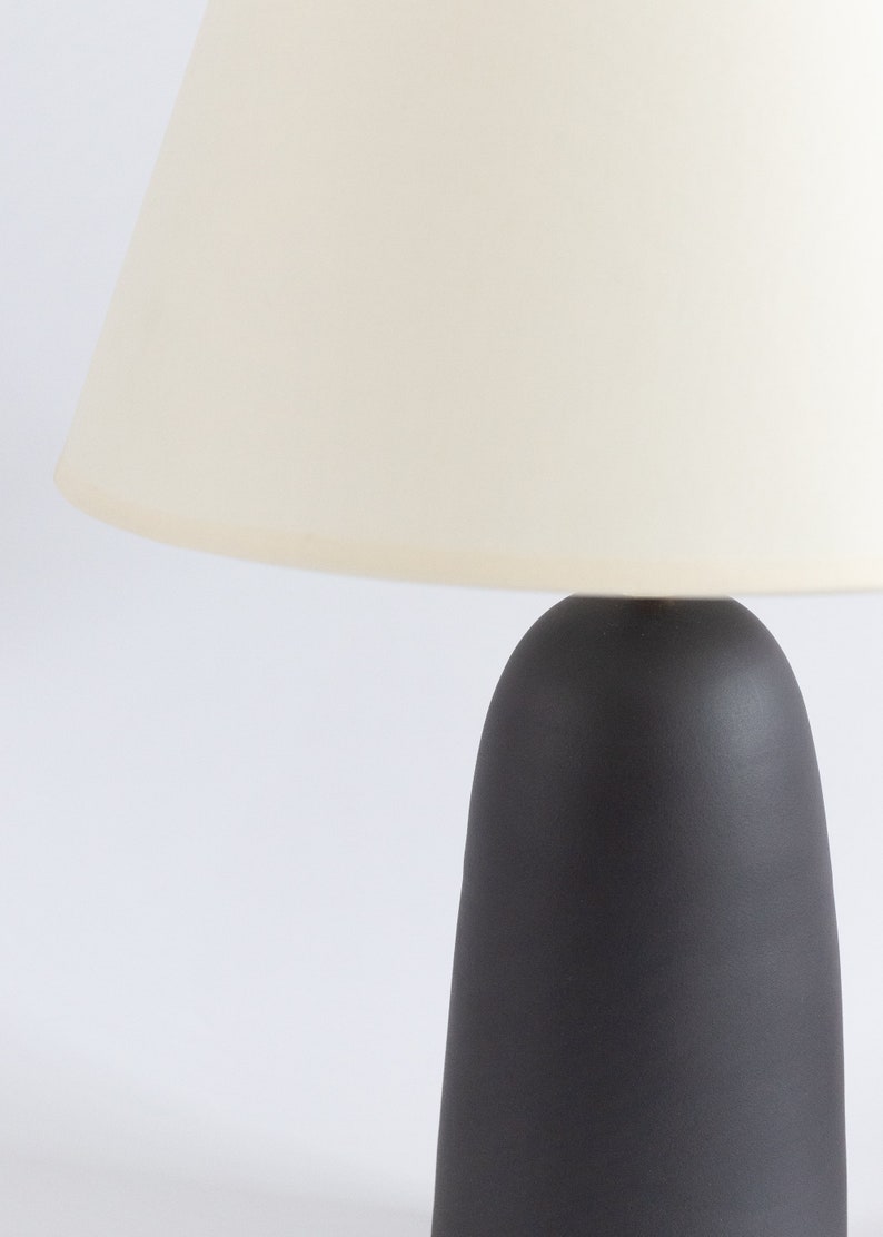 Black ceramic table lamp with smooth ecru fabric lampshade, minimal matt ceramic base, japandi interior design, bedside lamp, home decor image 9