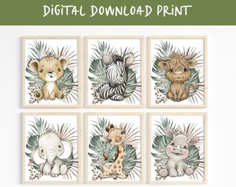 Instant Download Printable Wall Art Set, Baby African Animal Wall Print Set of 6, Kids Bedroom Jungle Wall Art, Nursery Kids Bedroom Decor