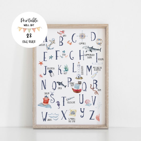 Nautical Alphabet Wall Print, Educational Kids Bedroom Wall Art, Nautical Theme, Ocean Nursery Kids Room Decor