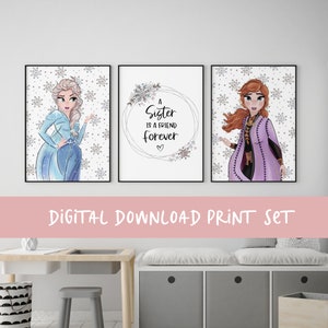 Instant Download Printable Art, A Sister is a Friend Forever Quote Print Set, Princess Anna & Elsa Wall Art, Girls Bedroom Decor